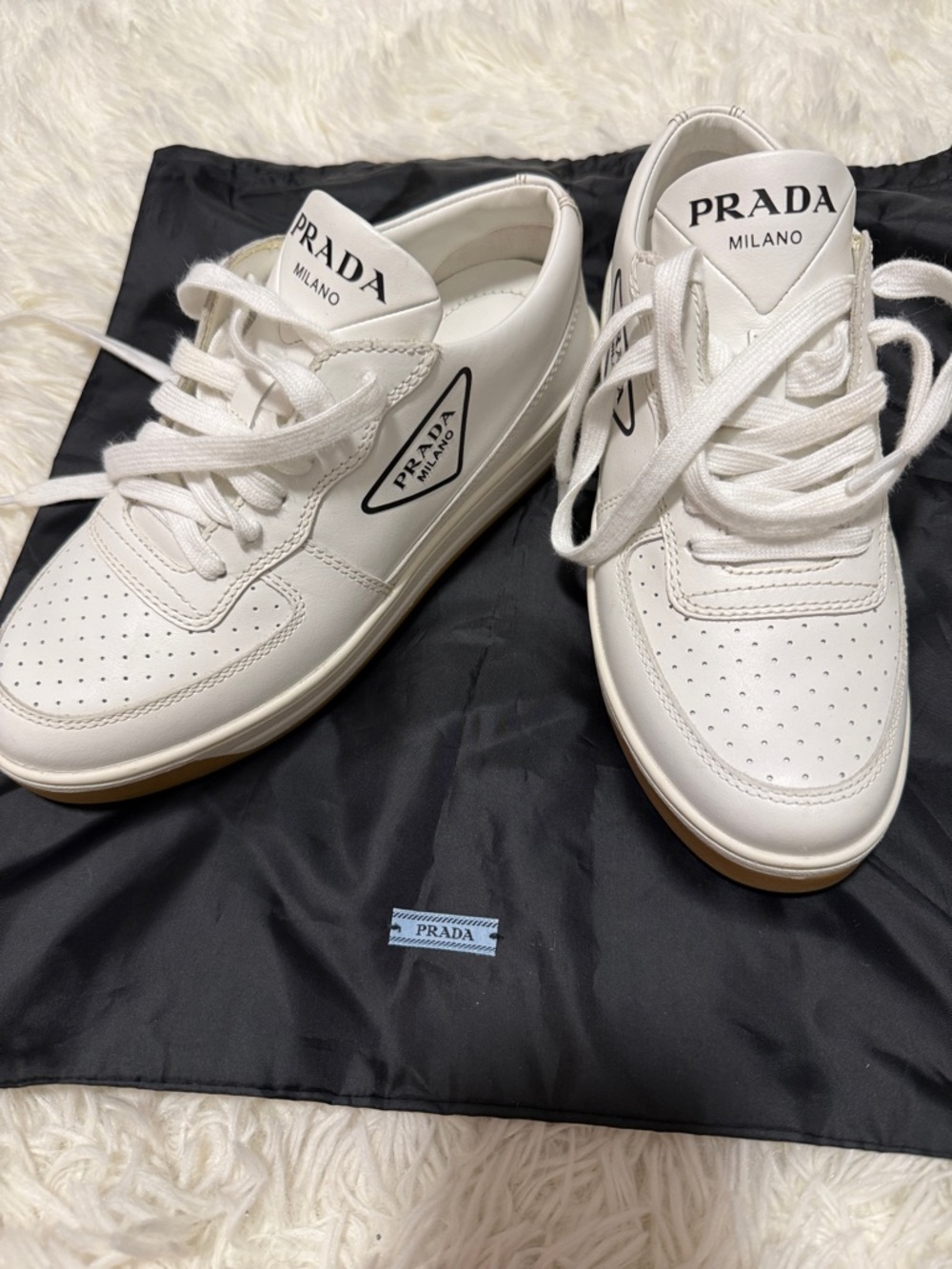 Prada White Leather Low-Top Sneakers with Logo Triangle